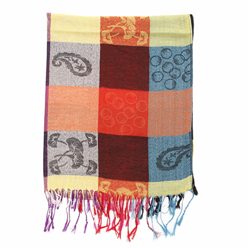 Checkered Multi-Color Paisley and Fringe Scarf